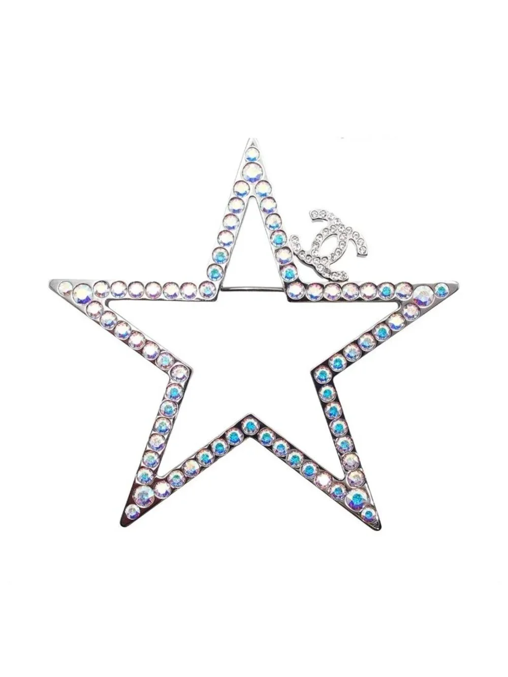 Chanel Brooch Silver Metal CC Logo Star Rhinestone Costume 17k